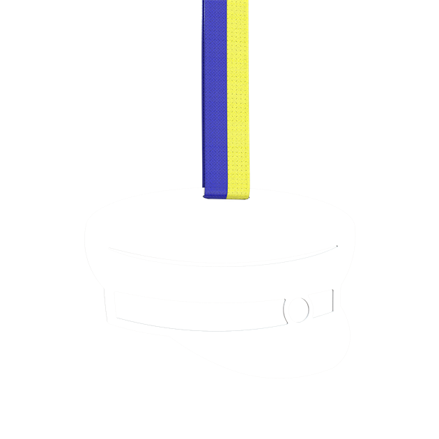 Graduation cap with ;a blue and yellow ribbon 10 cm white